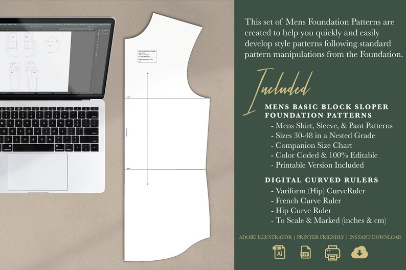 Puede incluir: Una descarga digital de un conjunto de patrones de base de bloques para hombre, que incluye patrones de camisa, manga y pantal&oacute;n en tallas 30-48. El conjunto tambi&eacute;n incluye una tabla de tallas complementaria, reglas curvas digitales y una versi&oacute;n imprimible. La imagen muestra una pantalla de ordenador que muestra las piezas del patr&oacute;n y un fondo verde con la descripci&oacute;n del producto.