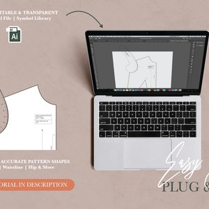 May include: A laptop computer with a design program open on the screen. The program shows a pattern for a garment. The text on the screen reads "Easy Setup Plug & Play".