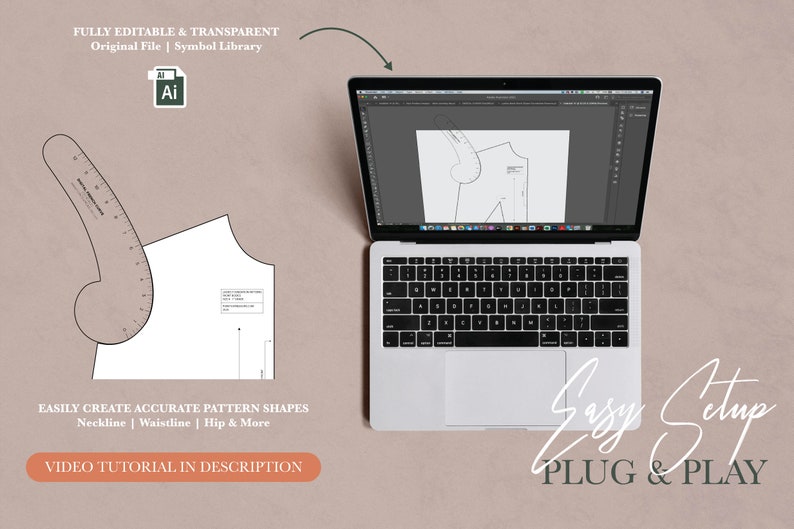 May include: A laptop computer with a design program open on the screen. The program shows a pattern for a garment. The text on the screen reads "Easy Setup Plug & Play".