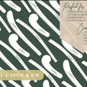 May include: A digital set of 16 sewing pattern rulers in white on a dark green background. The rulers are in both inches and centimetres. The text "DIGITAL | INCH & CM" is at the bottom of the image. The text "Perfect for" and "Create" is at the top of the image, with a list of uses for the rulers.