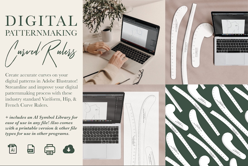 May include: Digital patternmaking curved rulers for Adobe Illustrator. Includes a variety of shapes, including Variform, Hip, and French curves. Also includes an AI Symbol Library for ease of use in any file. Comes with a printable version and other file types for use in other programs.