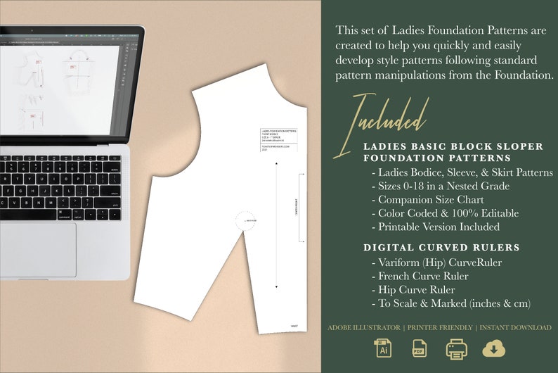 May include: A digital download of a ladies basic block sloper foundation pattern set, including bodice, sleeve, and skirt patterns in sizes 0-18. The set also includes digital curved rulers, such as a variform hip curve ruler, French curve ruler, and hip curve ruler. The rulers are to scale and marked in inches and centimetres. The image shows a white pattern piece on a beige background, with a laptop computer in the background.