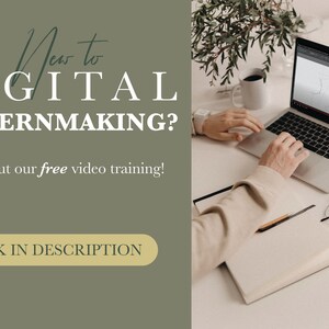 May include: A person working on a laptop computer with a white background. The laptop screen shows a digital pattern design. The text on the image reads "New to DIGITAL PATTERNMAKING? Check out our free video training! LINK IN DESCRIPTION."