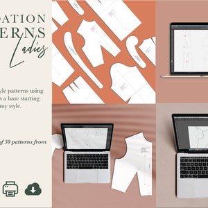 May include: A collage of images showing a set of 50 foundation patterns for creating clothing. The patterns are shown on a laptop screen and on a peach-coloured surface. The text "FOUNDATION PATTERN,S Ladies" is at the top of the image. The text "Quickly create style patterns using these templates as a base starting point for almost any style." is below the collage. The text "+ includes a total of 50 patterns from size 0-18" is below the text. The image also includes icons for Adobe Illustrator, PDF, a printer, and a cloud.