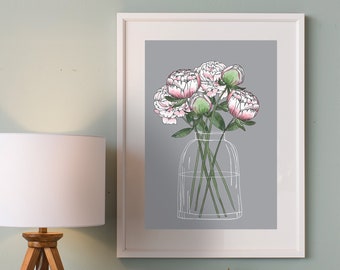 Peonies Peony Art Print, Framed Art print, Wall art, Print, Art, Fine art print, Illustration, Customisable, Summer Flowers