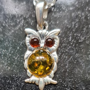 May include: Silver owl pendant with amber stones. The owl's eyes are red amber, and the body is a large, round, green amber stone.