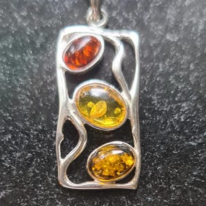 Modernist Sterling Silver and Baltic Amber Triple Pendant or Necklace Taurus Birthstone