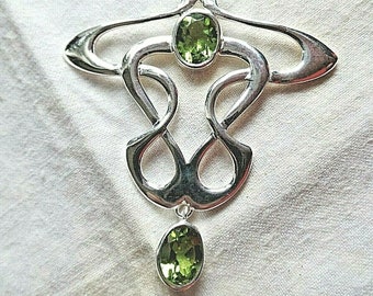 Large Art Nouveau Style Sterling Silver and Peridot Necklace August Birthstone