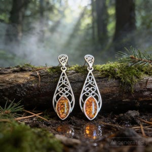 May include: A pair of silver dangle earrings with amber-colored oval stones. The earrings have an open filigree design and are displayed on a moss-covered log in a forest setting.