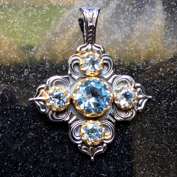 Gorgeous Renaissance Style Style Sterling Silver and Blue Topaz Pendant November Birthstone Antique Finish