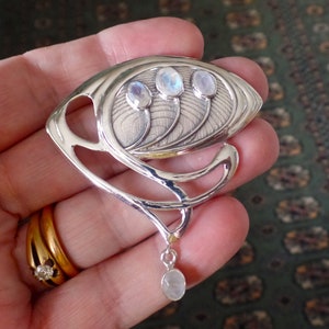 Large Art Nouveau Style Statement Piece Sterling Silver and Faceted Blue Moonstone Pendant