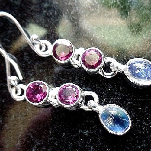 Rare and Superb Hand Made Sterling Silver retail and Mozambique Purple Garnets with Moonstone Drop Earrings