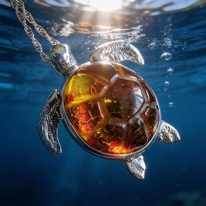 May include: A silver turtle pendant necklace with an amber-coloured shell. The pendant is submerged in water, with sunlight filtering through, creating a shimmering effect. The turtle's flippers and head are detailed with intricate patterns.
