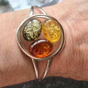 Larger Sterling Silver and Mixed Baltic Amber Torc Bangle 27.8g