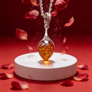 Sterling Silver and Baltic Amber Rose Bud Necklace