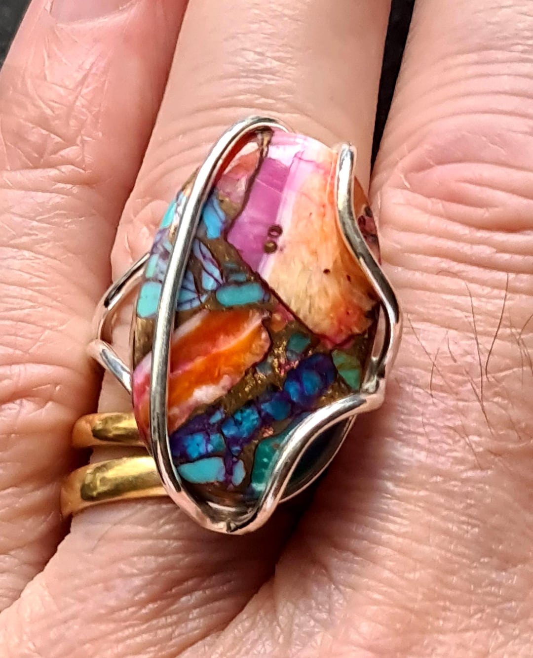 Adjustable Large Chunky Sterling Silver and Oyster Copper Turquoise ...