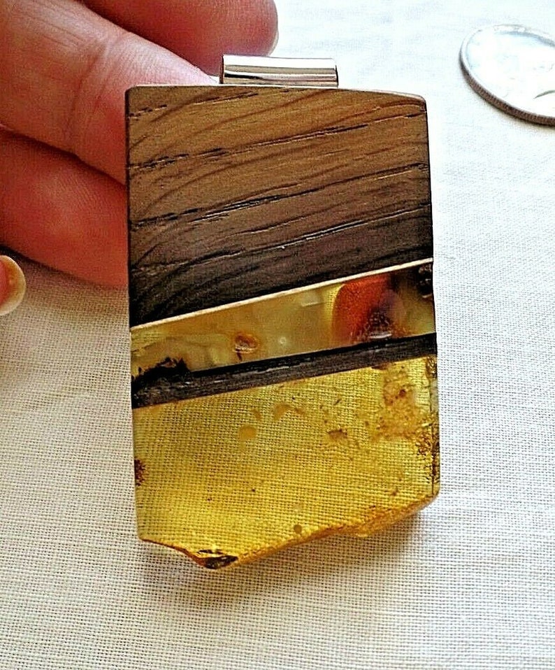 Huge and Stylish Baltic Cognac Amber and Wood with Sterling Silver Pendant 15.2g Natural Taurus Birthstone
