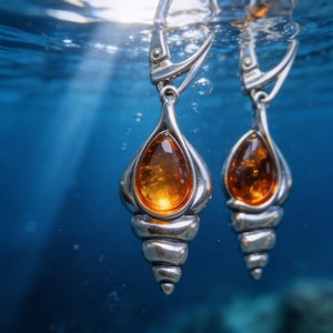May include: Silver earrings featuring amber-coloured, teardrop-shaped stones. The earrings have a shell-like design and are submerged in water, with light rays and bubbles visible in the background.