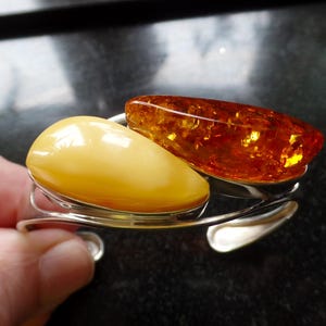Very Chunky Sterling Silver with Baltic Cognac Amber and Yellow Amber Bangle 28.0g