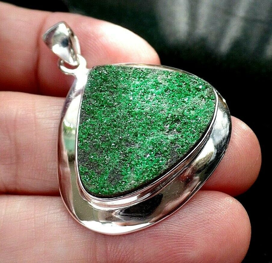 Very Rare Sterling Silver and Uvarovite Green Garnet Druzy on Matrix Pendant January Birthstone 14.0g