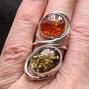 Adjustable Large Sterling Silver and Mixed Baltic Amber Statement Ring 12.5g one size fits all