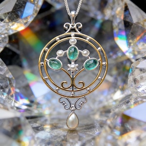 NEW Large Art Nouveau Style Sterling Silver Gold Emerald And Freshwater Pearl Pendant or Necklace
