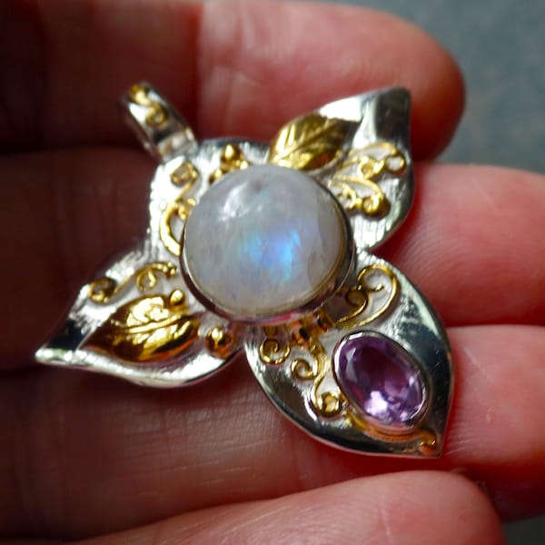 Striking Sterling Silver Moonstone and Amethyst Pendant with Gold Highlights June Birthstone Elven 050423