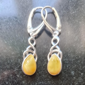 Sterling Silver and Baltic Yellow Amber Celtic Earrings Taurus Birthstone ACTUAL PAIR