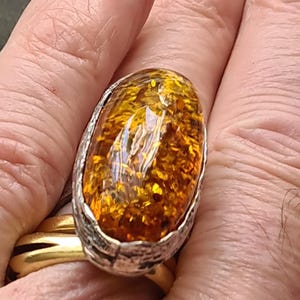 Adjustable Chunky Sterling Silver and Baltic Cognac Amber Statement Ring  13.6g one size fits all