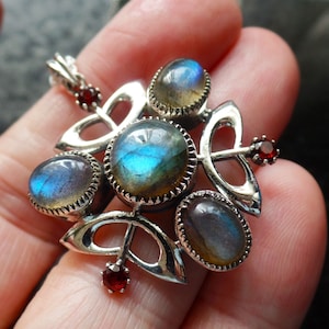 Classic Art Nouveau Style Sterling Silver Labradorite and Garnet