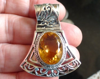 Gorgeous Pierced Sterling Silver and Citrine Hinged Pendant November Birthstone 14.9g