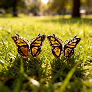 May include: A pair of butterfly-shaped earrings featuring translucent golden-brown amber wings encased in polished silver metal frames. The wings display intricate black vein patterns, mimicking the natural appearance of a butterfly in flight.