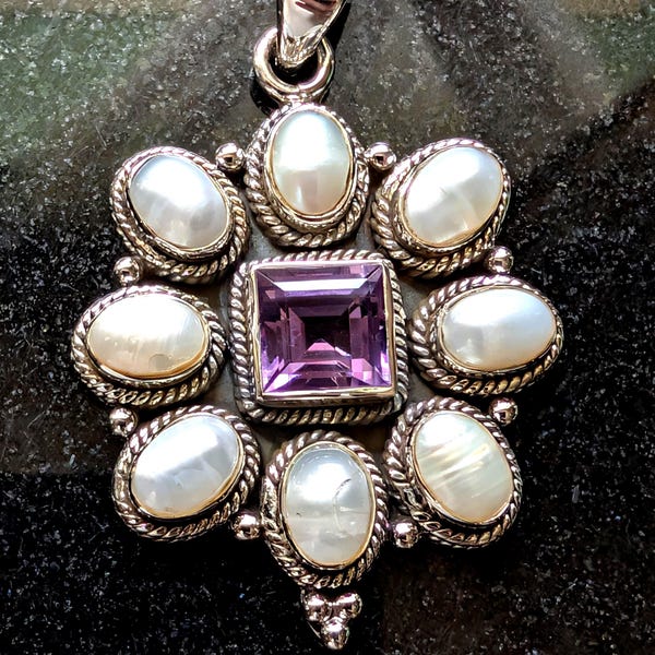 Gorgeous Medieval Style Sterling Silver Amethyst & Freshwater Pearl Statement Pendant 13.4g