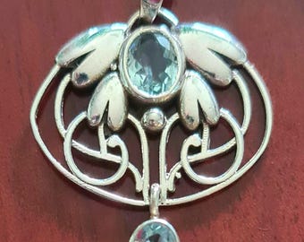 Gorgeous Art Nouveau Style Sterling Silver & Blue Topaz Pendant or Necklace December Birthstone