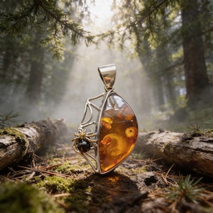 May include: A silver pendant with a large amber stone, featuring a spider and web design. The amber is a warm, translucent brown with inclusions. The spider has a black body and gold legs. The pendant is set against a forest backdrop.