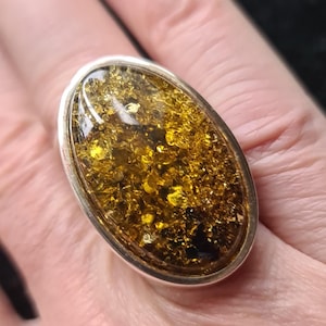 Adjustable Large Chunky Sterling Silver and Autumnal Baltic Green Amber Statement Ring 17.1g one size fits all