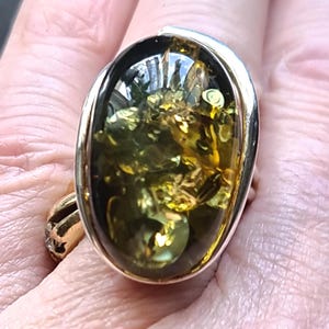 Adjustable Large Chunky Sterling Silver and Baltic Green Amber Statement Ring 13.0g one size fits all