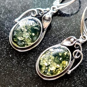 Art Nouveau Style Sterling Silver and Green Baltic Amber Lily Drop Earrings Taurus Birthstone