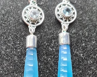 Gorgeous Long Drop Sterling Silver Blue Chalcedony and Blue Topaz Dangley Ear Rings aka Speakers Stone