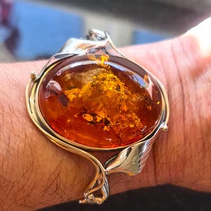Giant and Chunky Sterling Silver and Baltic Amber Bangle 43.7g