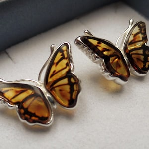 May include: A pair of silver butterfly earrings with amber wings. The wings are translucent and have a brown and black pattern.