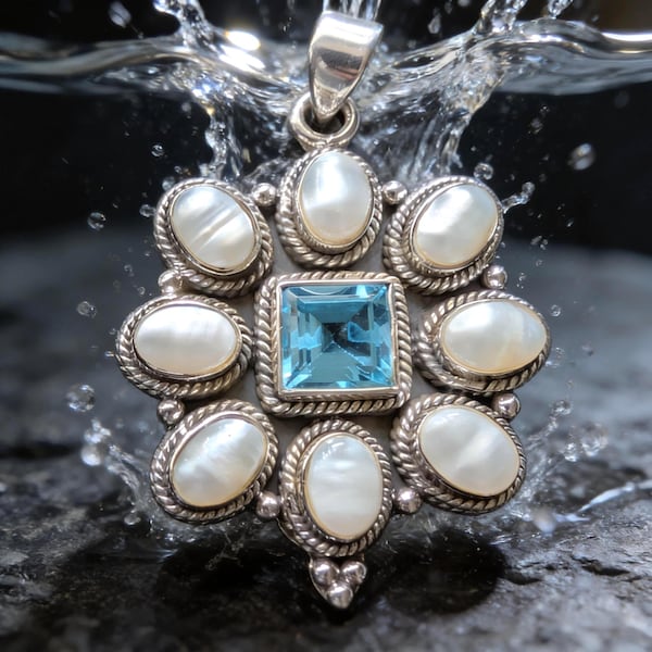 Absolutely Fabulous Sterling Silver Freshwater Pearl and Swiss Blue Topaz Pendant