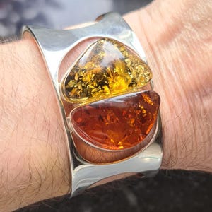 Giant Modernist Sterling Silver and Baltic Green and Orange Amber Adjustable Cuff Bangle 39.3g