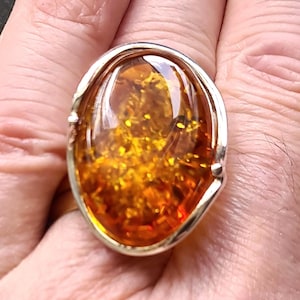 Fabulous Adjustable Larger Chunky Sterling Silver and Baltic Cognac Amber Statement Ring 12.5g one size fits all