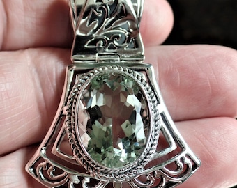 Gorgeous Pierced Sterling Silver and Green Amethyst or Prasiolite Hinged Pendant November Birthstone 14.6g