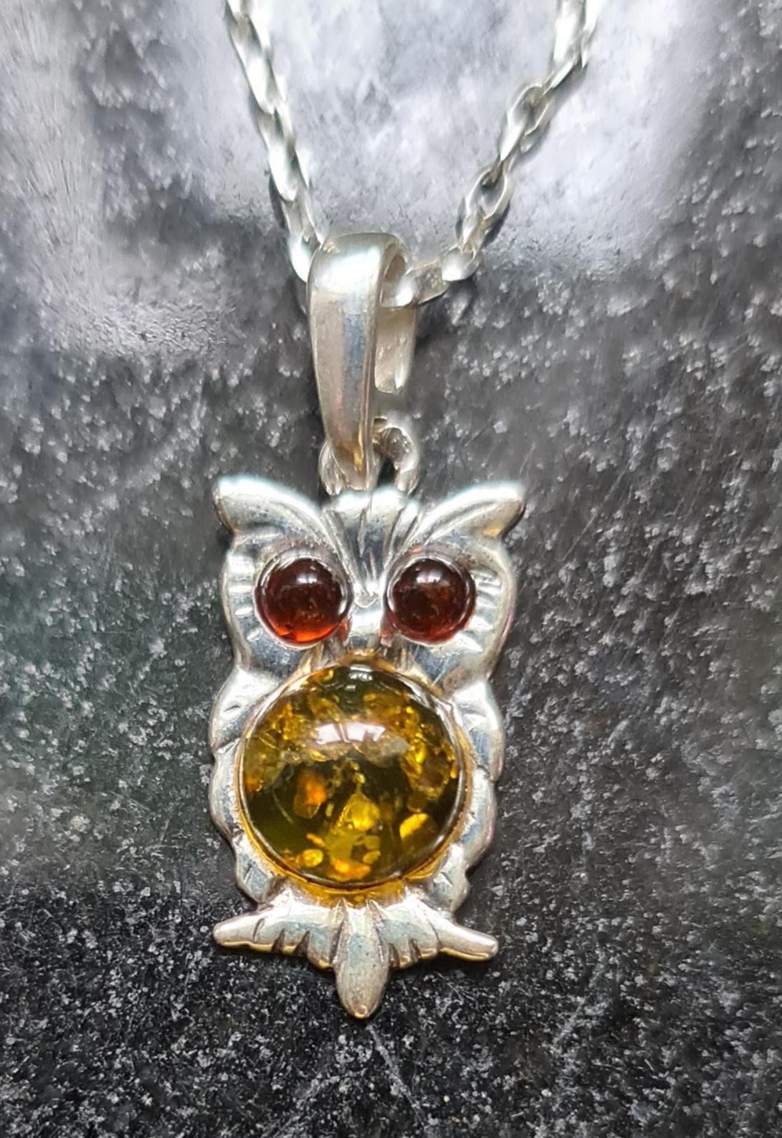 Sterling Silver and Baltic Amber Owl Necklace Taurus Birthstone
