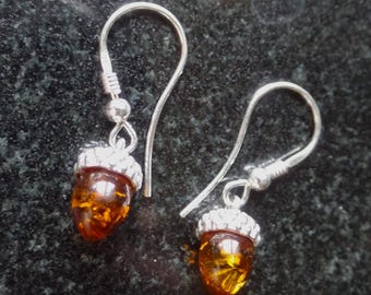 Gorgeous Sterling Silver and Baltic Amber Acorn Earrings