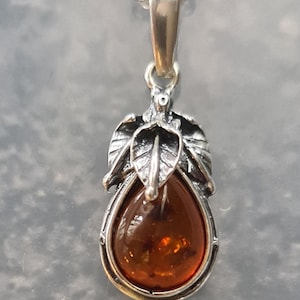 May include: A silver pendant necklace featuring a teardrop-shaped amber stone. The amber is a warm, translucent brown color, set in a detailed silver frame with leaf accents. The necklace has a delicate silver chain.