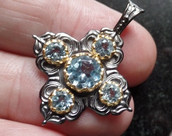 Gorgeous Renaissance Style Style Sterling Silver and Blue Topaz Pendant November Birthstone Antique Finish