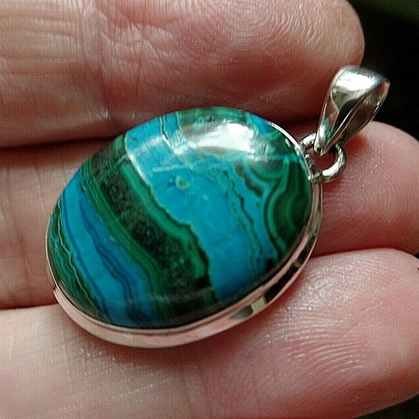 Chunky Sterling Silver and Malachite in Chrysocolla Pendant 10.3g